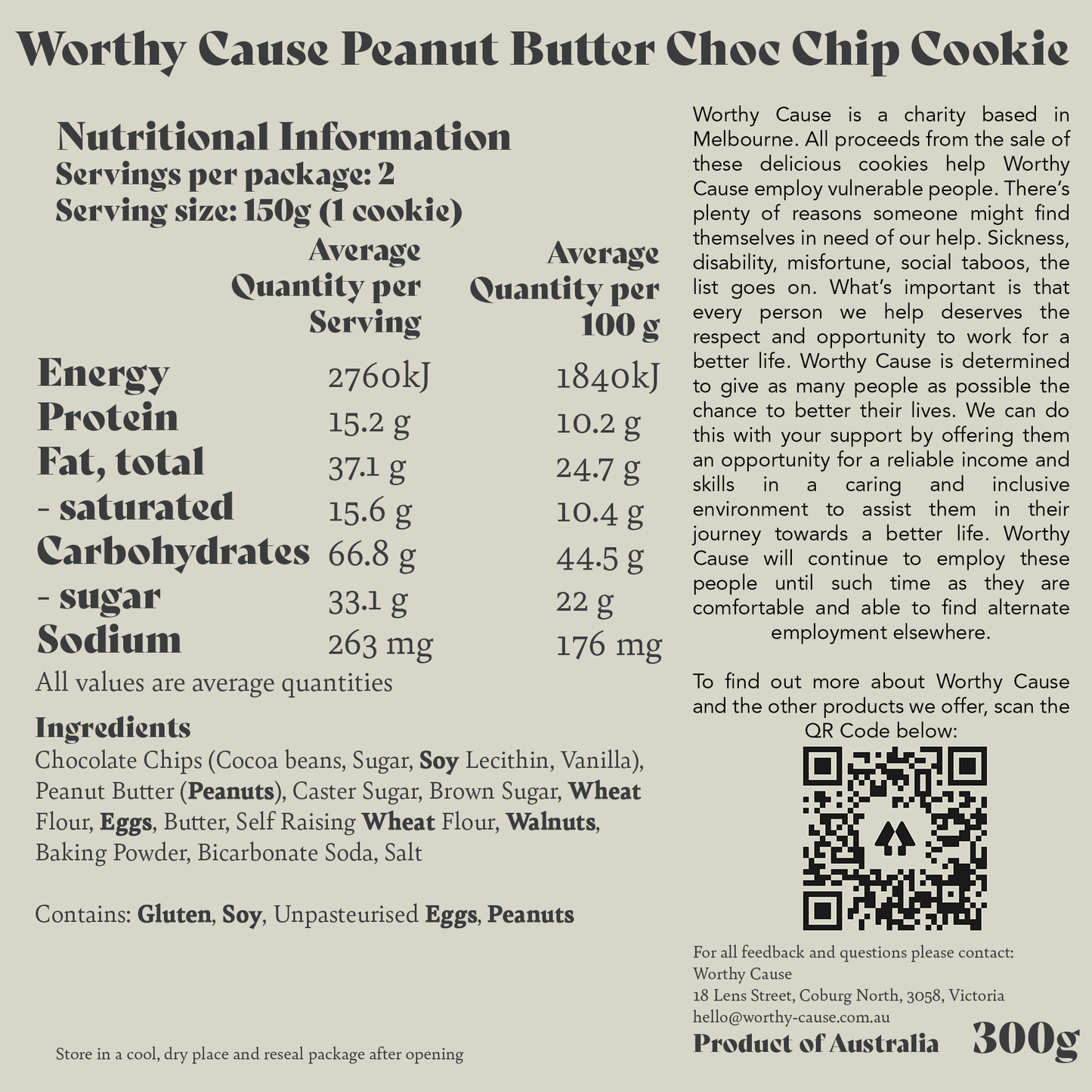 Peanut Butter Choc Chip Cookies 125g Individual Serve