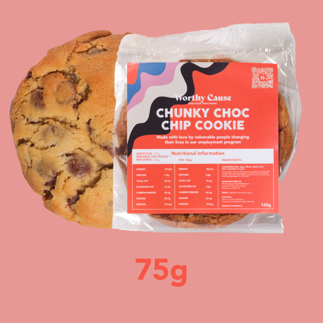 Worthy Cause 75g Choc Chip cookies