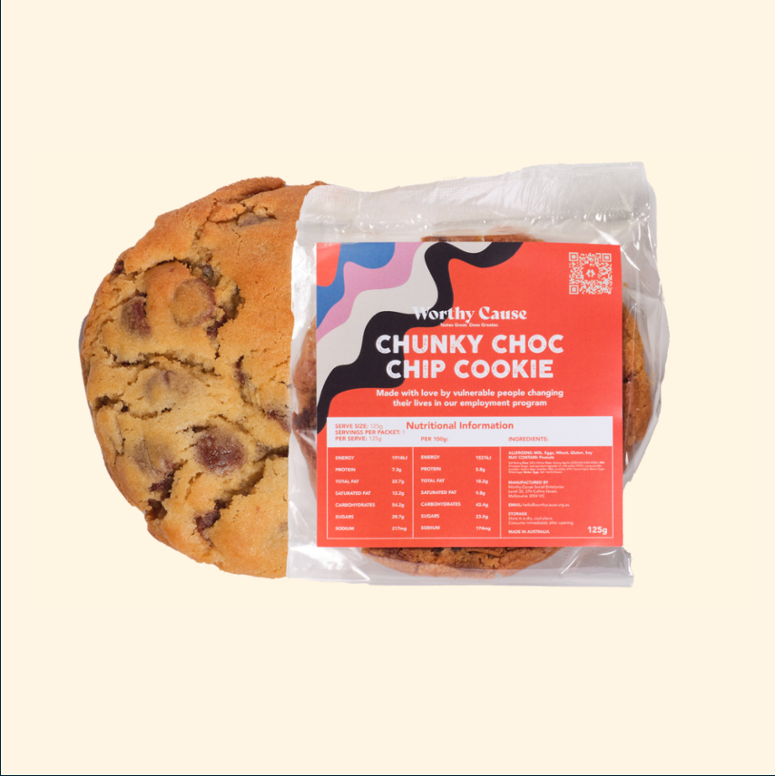 Worthy Cause 75g Choc Chip cookies — context